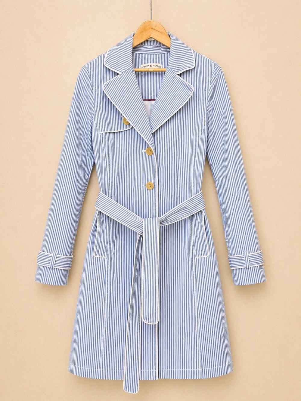 TOMMY HILFIGER Trench Coat Belted Striped Spring Jacket Classic